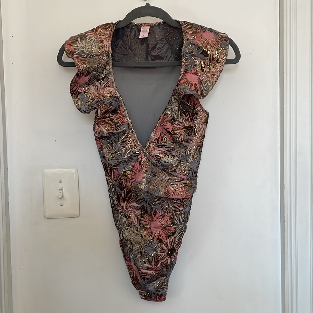 Victoria’s Secret Metallic Brocade Ruffled Mesh bodysuit